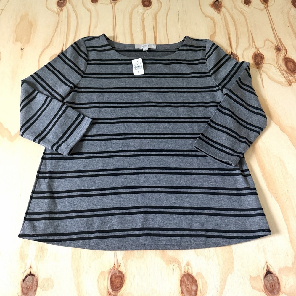 LOFT Gray 3/4 Sleeve Jersey Boatneck Black Striped Women Size Small S